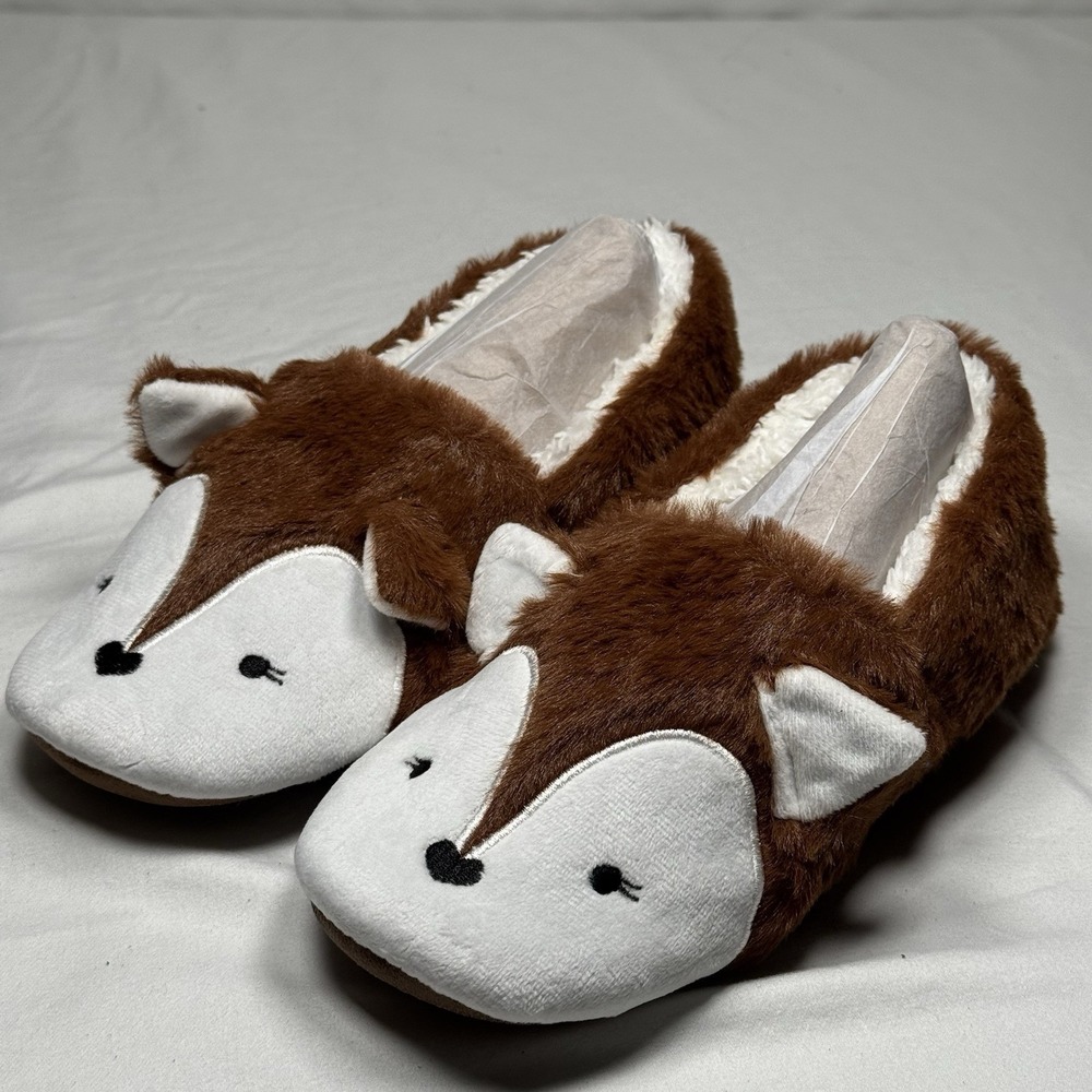 Women's Fox Slippers Brown‎ Plush Cozy Indoor House Shoes Size 6